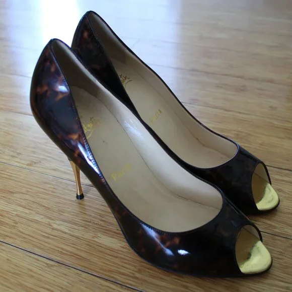 Christian Louboutin Red Heel Patent Leather Peeptoe Brown Tortoise Size 40.5